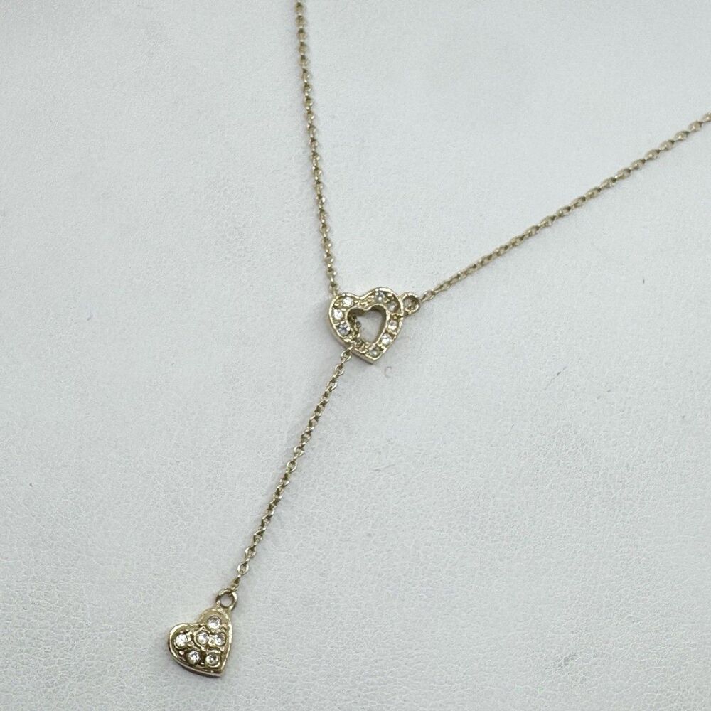Vintage Monet Y Drop Heart Pendant Necklace Rhinestone Signed Love Jewelry 18”
